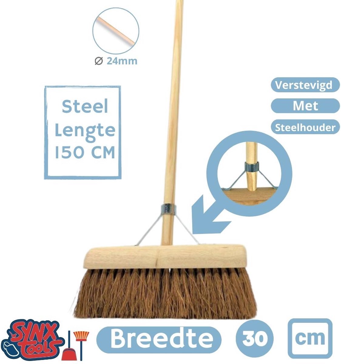 Synx Tools bezem Coco binnenbezem 30cm & Synx Tools Stoffer en Blik met lange steel 121 cm - Zachte bezems - kokos - Zaalveger - Bezemsteel - Stoffer & Blik Met Schoonmaaktanden - veger en blik