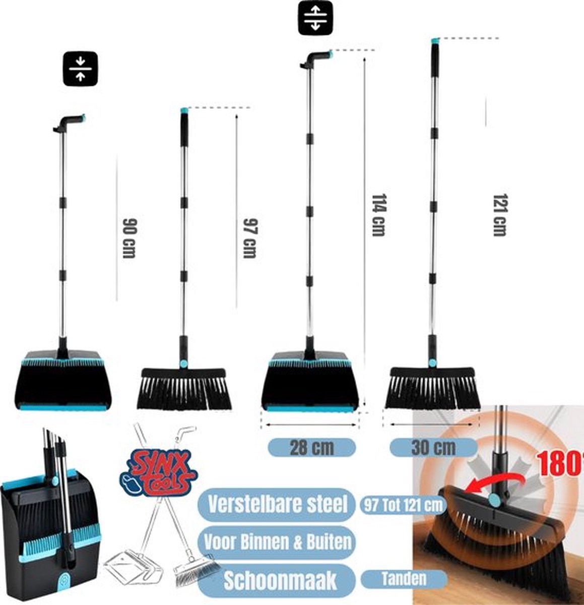 Synx Tools Paardenhaar 40cm & Stoffer en Blik set van 2- Paardenhaar / Kamerveger - Zachte bezem 40 cm - Bezemsteel - Verstelbaar steel tot 121 cm