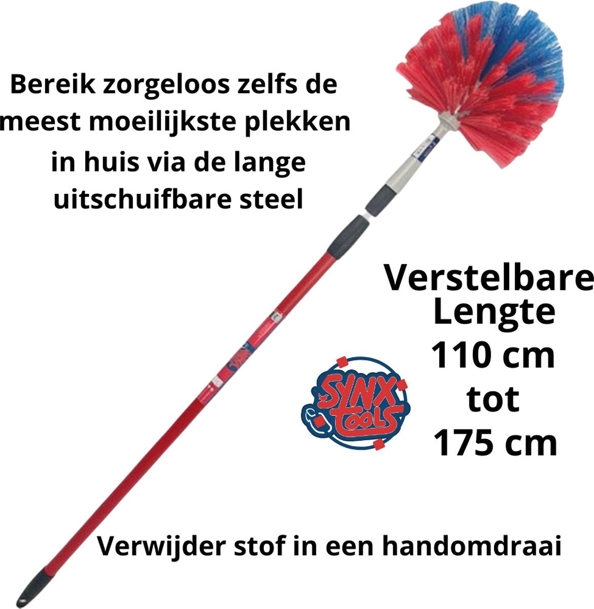 Ragebol - Spinnenrager - Rood/Blauw - Spinnenweb Verwijderaar - met telescoopsteel 115cm tot 175cm