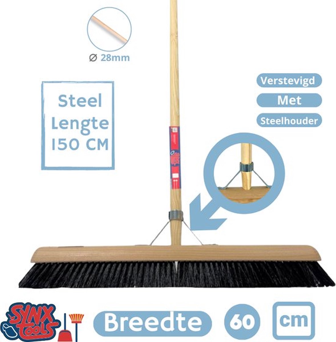 Synx Tools binnenbezem Zaalveger 60 & Synx Tools Stoffer en Blik met lange steel 121 cm - Paardenhaar - zachte bezem met Steel 150 cm