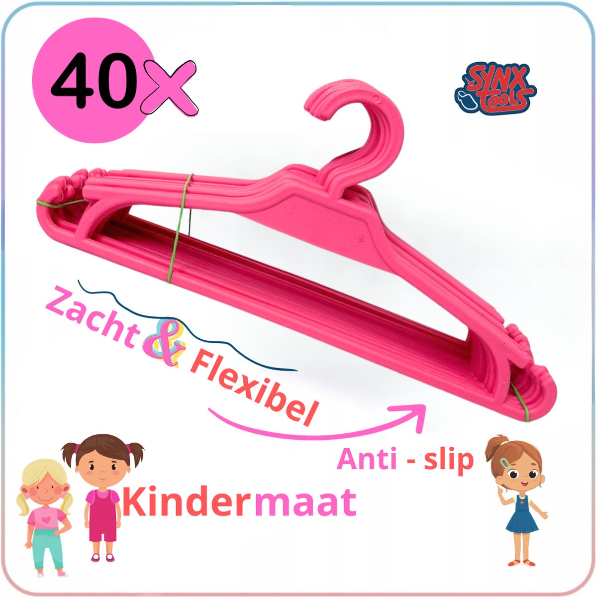 Synx Tools roze kinderkledinghangers, zacht en flexibel, 40 stuks