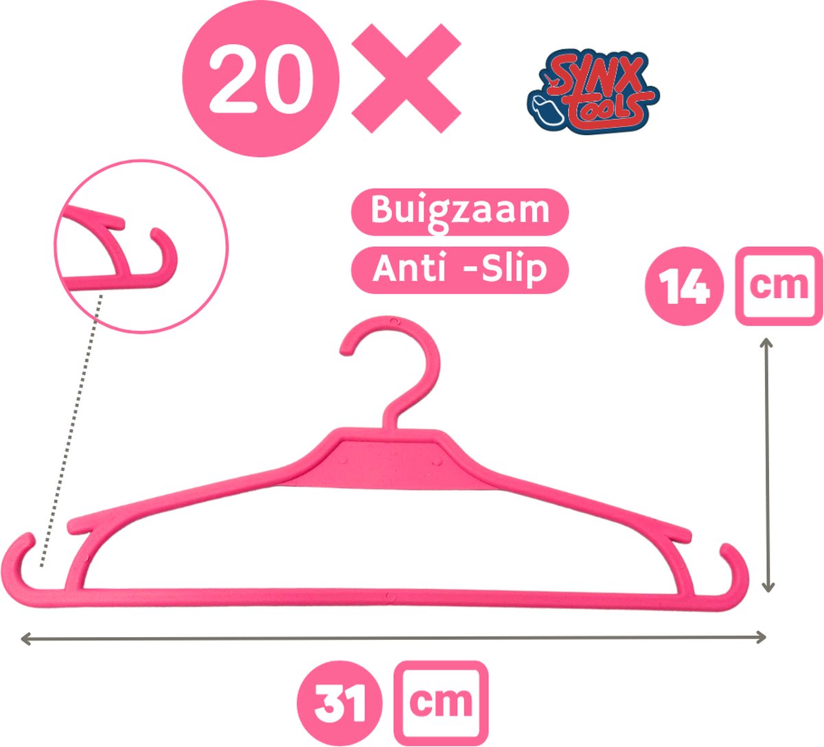 Roze kinderkledinghanger Synx Tools, buigzaam en anti-slip, 20 stuks