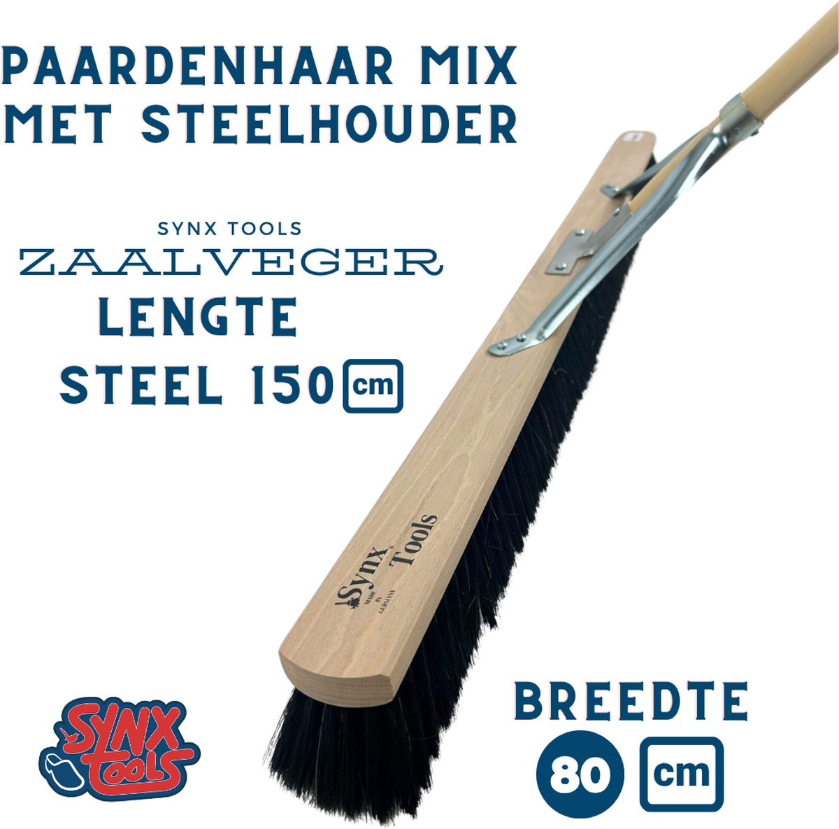 Synx Tools paardenhaar 80 cm & Stoffer en blik set van 2 - paardenhaar /kamerveger - bezemsteel 150 cm - stoffer en blik Verstelbaar steel tot 121 cm