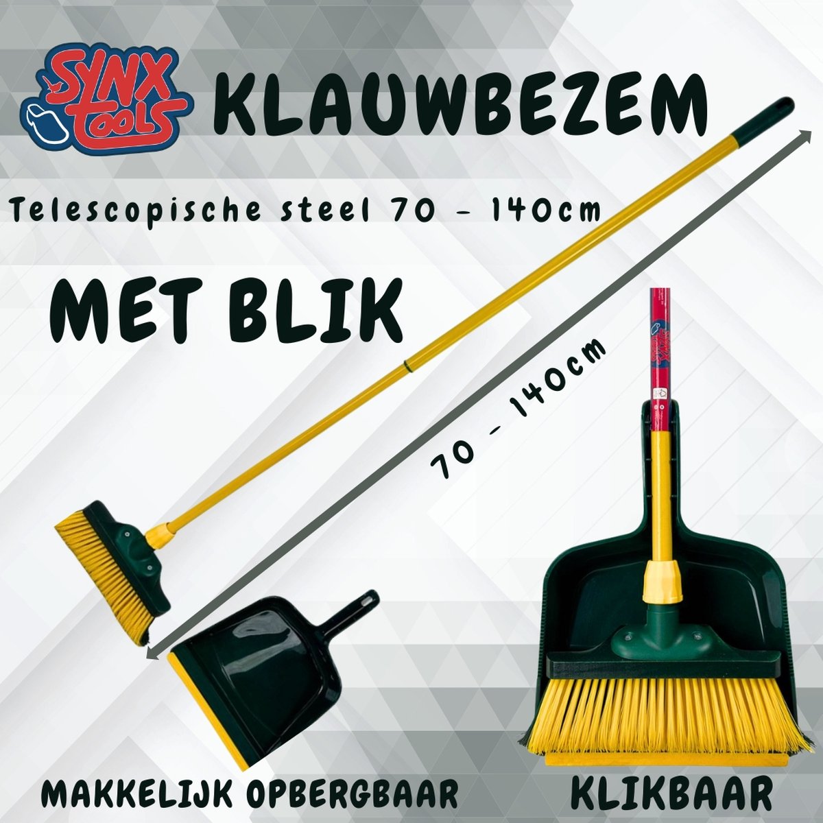 Synx Tools Klauwbezem en blik 28cm set - Telescopische steel 70 - 140cm