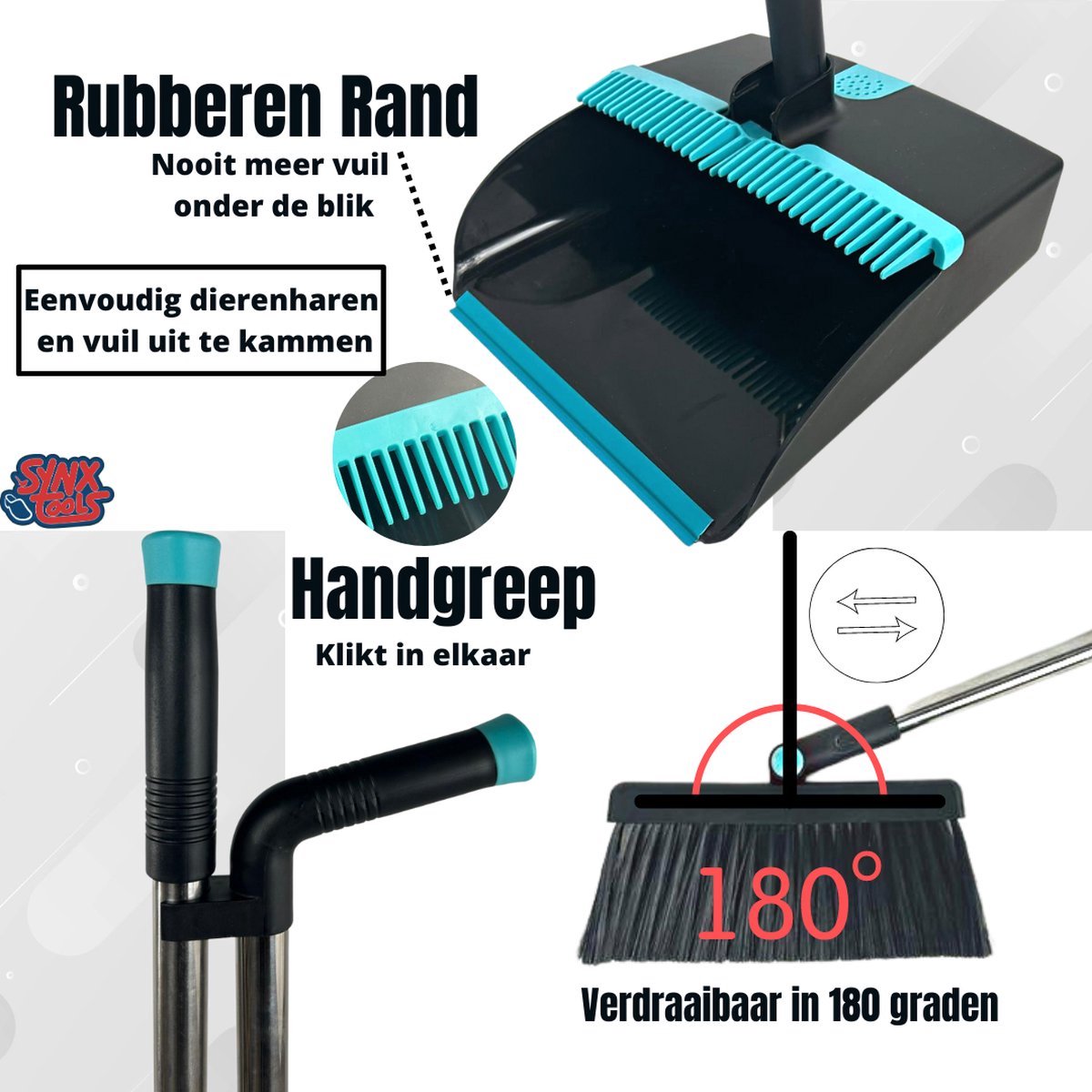 Synx Tools paardenhaar 80 cm & Stoffer en blik set van 2 - paardenhaar /kamerveger - bezemsteel 150 cm - stoffer en blik Verstelbaar steel tot 121 cm