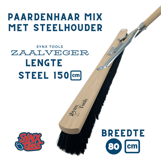 Synx Tools Paardenhaar 80 cm - Zaalveger / Kamerveger - Zachte bezem - Bezemsteel - Veger schoonmaken - Bezems Binnen - Bezem zacht met Steel 160 cm