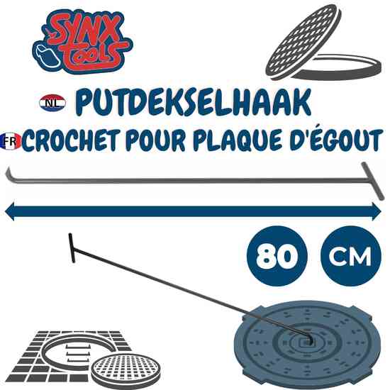 Synx Tools Crochet pour couvercle de trou d'homme 80 cm - couvercle d'inspection - couvercle en clinker - couvercle en carrelage - Clé de tranchée - Clé de couvercle de trou d'homme routier