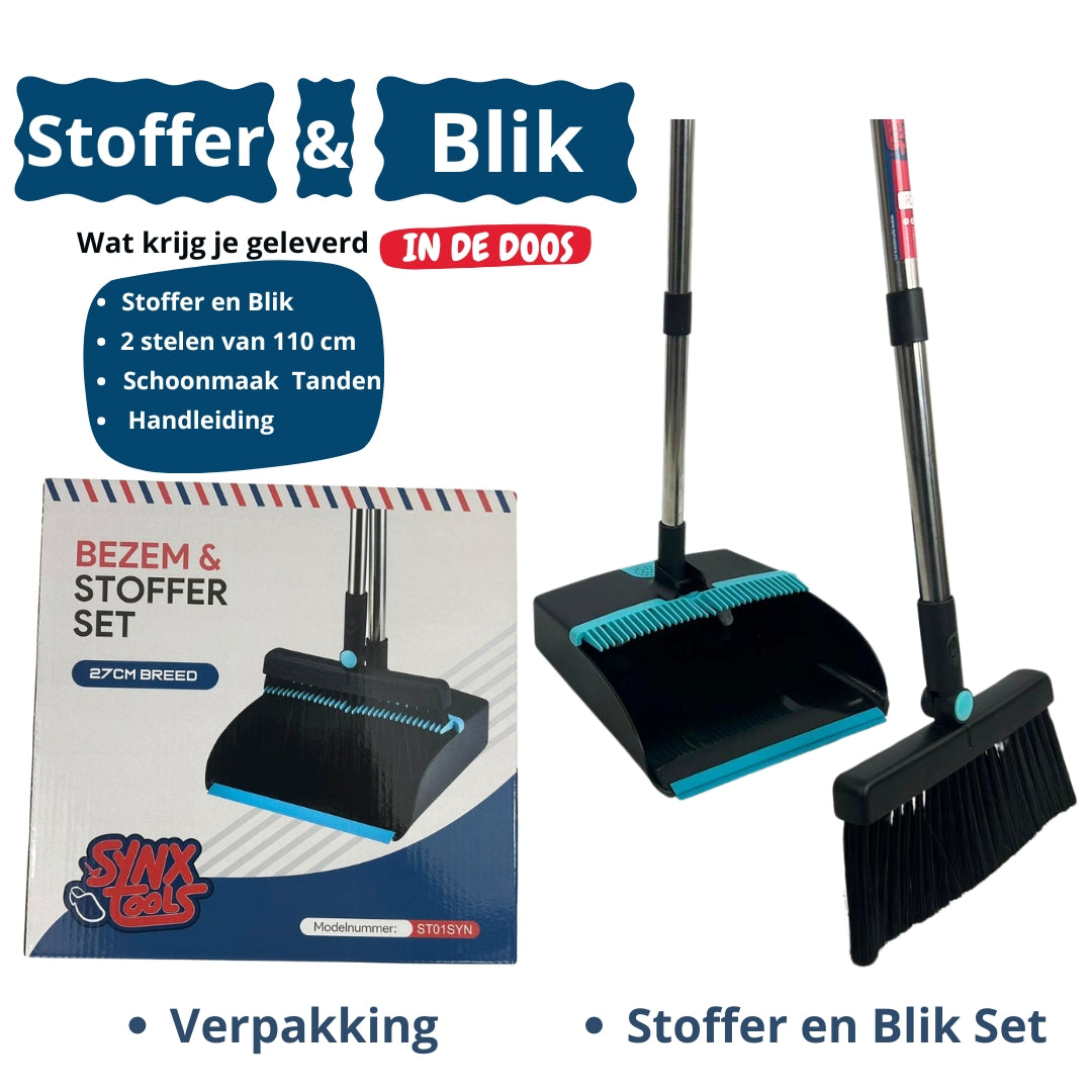 stoffer en blik wat krijg je geleverd in de doos ,stoffer en blik, 2 stelen van 110 cm, Schoonmaak tanden, handleiding, verpakking en stoffer en blik set foto