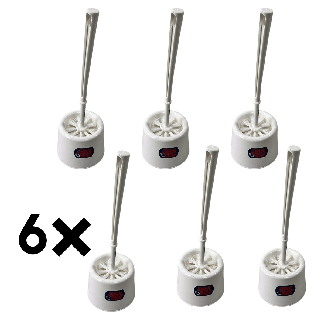 SynxTools 6-piece toilet brush set, featuring sleek black handles and durable heads.