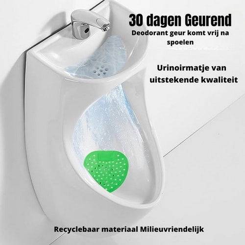 Alt text: "Green anti-splash urinal mat with apple scent, pack of 10, by SynxTools."